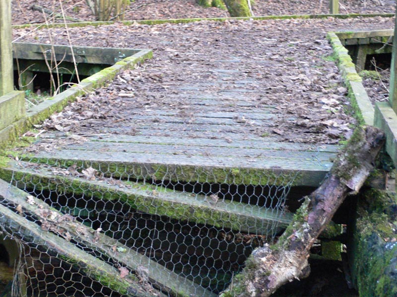Rotten collapsed decking Moses Gate Country Park